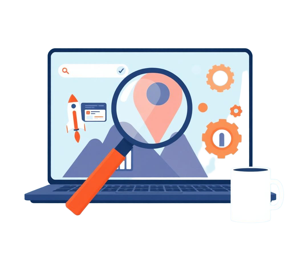 Local SEO illustration showing a laptop with map pin, magnifying glass, charts and a rocket